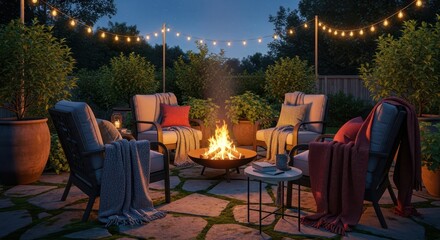 Cozy backyard patio with a fire pit and string lights at night for a relaxing evening