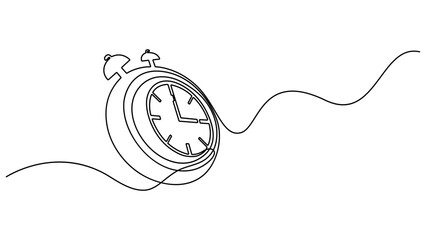 Continuous one line drawing of vintage alarm clock vector design, Clock drawn symbol. One line art continuous icon, Hand drawn vector illustration. One thin line continuous drawing.