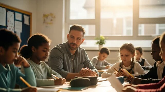 Young male teacher helping children with their schoolwork in the classroom today