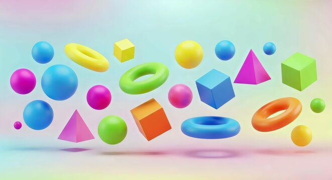 Vibrant 3D geometric shapes float playfully in a bright, abstract, and colorful studio, perfect for modern design and creative concepts. - Powered by Adobe