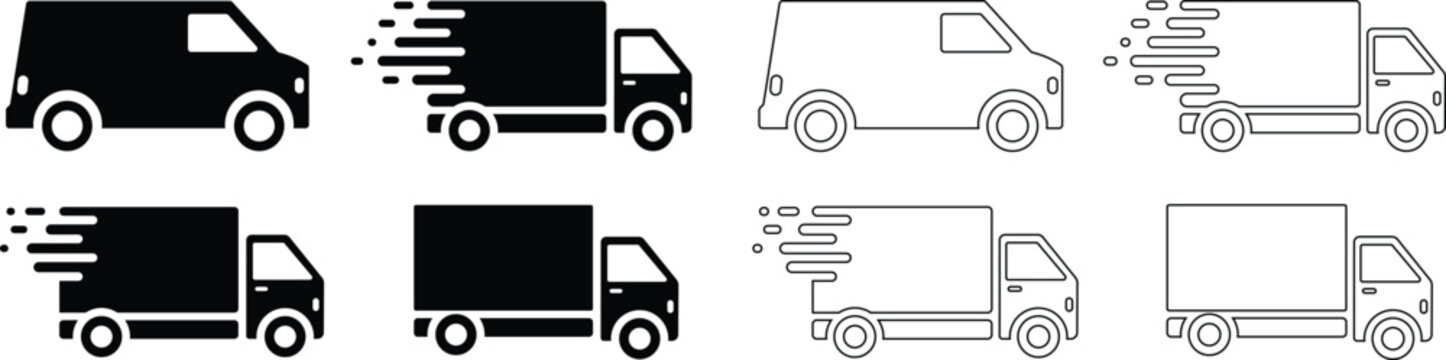 Flat delivery vehicle vector icons showing van and box truck in solid and outline styles with motion variations