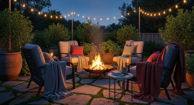 Cozy backyard patio with a fire pit and string lights at night for a relaxing evening