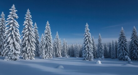 Naklejka premium Snow covered fir trees in winter landscape under a starry night sky create a magical scene