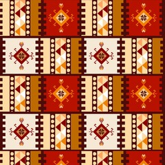 African ethnic tribal-inspired pattern in bright red and yellow tones balanced by soft ethnic hues. The design brings a fresh, fun, and modern twist to traditional tribal art, ethnic a vibrant and d