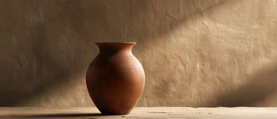 A natural clay pot placed on a textured neutral surface with soft shadows. Calm tones and minimal composition highlight simplicity and handmade craft.