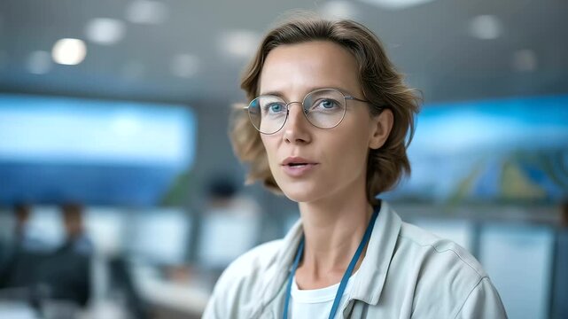 female engineer monitoring real-time data from solar farm on large screen muted beeps predictive maintenance sustainable control cinematic color correction, gentle backlight, clean negative space,