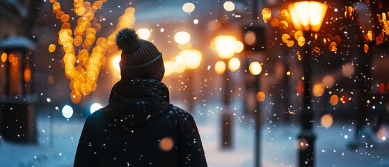 Woman in a coat seen from behind walking through evening city streets with glowing lanterns. Christmas spirit, winter celebration, holiday atmosphere and warmth.