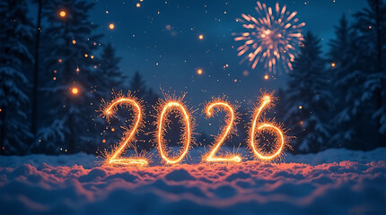 Sparkling "2026" text glows brightly in snowy landscape with fireworks display.