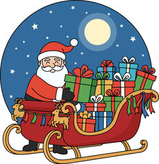 Naklejka premium Festive Santa Claus Riding a Sleigh Full of Colorful Presents Under a Bright Moon and Starry Night