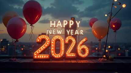 Illuminated "Happy New Year 2026" sign with balloons against a cityscape backdrop.