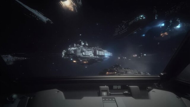 A thrilling space battle where various ships engage in combat above a distant planet. Explosions and energy blasts light up the cosmic scene