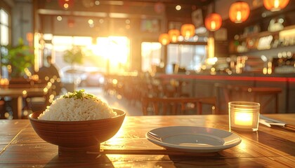 Fototapeta premium Close Up Shot of Rice Bowl on Wooden Table Beside Plate and Candle with Restaurant Interior and Sunlight