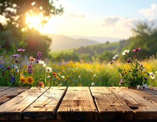 Naklejka premium Wooden Tabletop with Spring Flowers and Sunny Landscape Backdrop