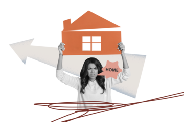 Creative photo collage picture young unhappy woman home relocation house mortgage settlement ownership drawing background