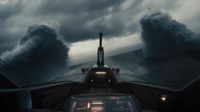 The ship is navigating through choppy waters with dark clouds looming overhead. Waves crash against the hull as the captain steers through the storm. Tension fills the air