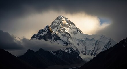 Dramatic view of k2 mountain peak covered in snow and clouds during a sunrise or sunset