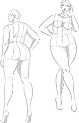 Plus Size 10 Heads Fashion Figure Templates. Exaggerated Croquis for Fashion Design and Illustration. Vector Illustration