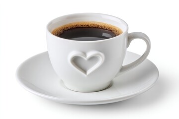 Fototapeta premium Elegant white coffee cup with heart design on saucer for valentines decoration concept with space for customization on white background