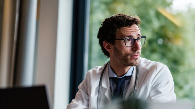 Young male doctor wearing glasses and white coat looks thoughtfully out window while reviewing patient data on laptop, calm professional medical scene