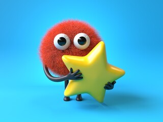 Fluffy, cute monster holding a star, symbolizing achievement or rating. 3D rendering, conceptual image. Isolated on white background.
