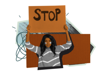 Collage image banner of confident woman standing for her equal rights raised hands holding banner isolated on drawing background