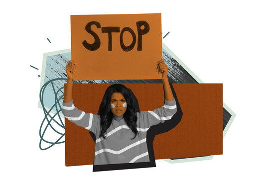 Collage image banner of confident woman standing for her equal rights raised hands holding banner isolated on drawing background - Powered by Adobe