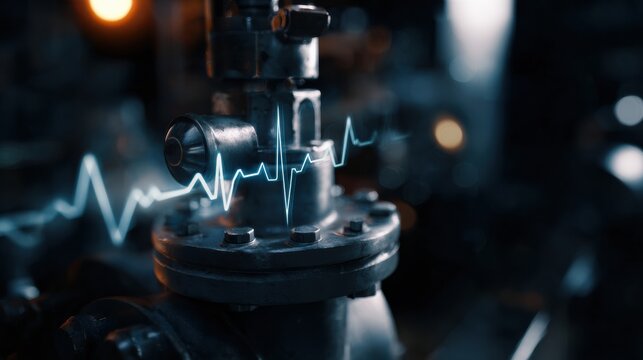Macro shot of industrial valve with glowing diagnostic waveform overlay conveying technical monitoring and precision in engineering environment
