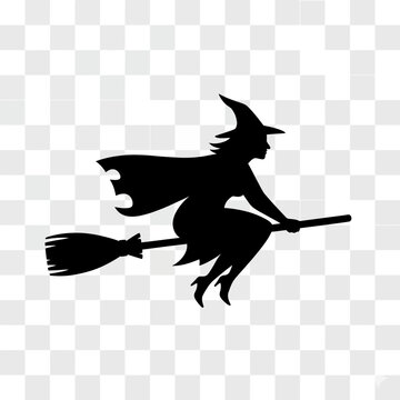 Silhouette of a witch with a hat and cape flying on a broomstick for halloween night fun time