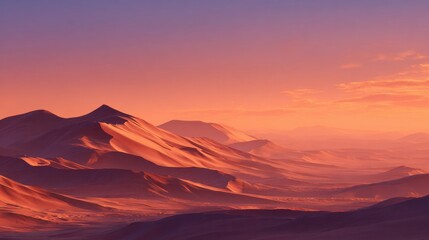 Naklejka premium Soft hills and dunes stretch across the desert under a sunset sky filled with hues of orange, purple, and pink, creating a peaceful and breathtaking view.