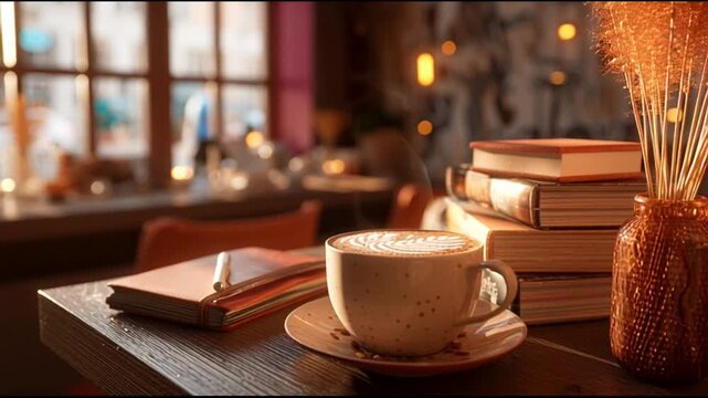 Cozy Caf Corner With Latte And Notebooks