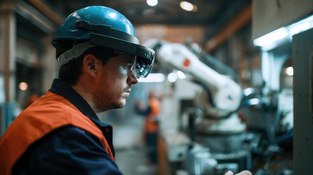 Worker wearing augmented reality glasses and hard hat inspecting industrial robot arm in factory while other technician monitors diagnostics with focused expression