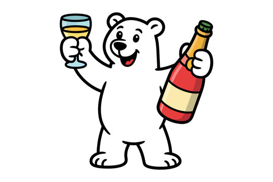 Polar bear character holding a champagne bottle and a glass of champagne.
