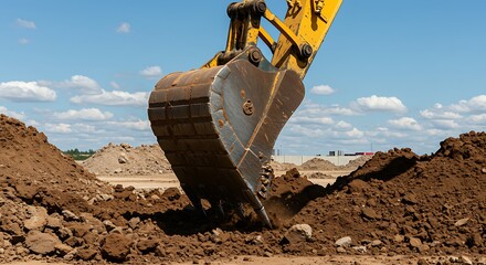 Close-up of a yellow excavator bucket digging into brown soil under a vibrant blue sky