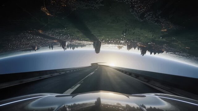 Driving plate, fixed POV camera mounted on futuristic hovercar.Road curving along inside surface of colossal ringworld, horizon arching upward into sky.