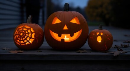 Fototapeta premium Three intricately carved Halloween pumpkins glow with inner light on a wooden porch, creating a festive and spooky atmosphere for autumn celebrations.