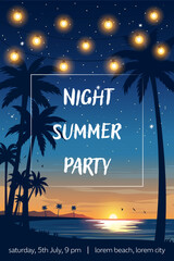Tropical night beach with glowing string lights, palm trees, and sunset over the ocean. Relaxing summer evening vector illustration for party invitation