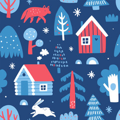 Night winter pattern with landscape. Seamless vector scandinavian winter print.