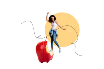 Creative collage young woman clubber dance disco party apple fruit bitten healthy nutrition meal vitamins calories drawing background