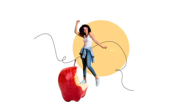 Creative collage young woman clubber dance disco party apple fruit bitten healthy nutrition meal vitamins calories drawing background