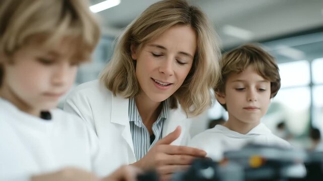 female science teacher guiding students in robotics lab bright classroom soft hum of machines STEM innovation education cinematic color correction, gentle backlight, clean negative space, high