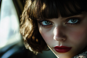 Moody Close-Up Portrait of a Woman with Dramatic Shadows and Highlights in a Film Noir-Inspired Cinematic Setting.