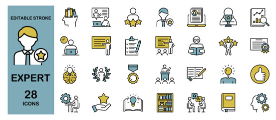Expert Icon Set – Professional, Mentor, Leader and Coach. Editable Stroke, Colored Vector Illustration
