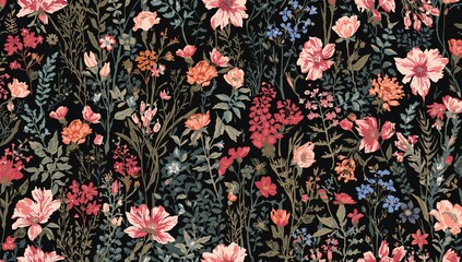 Seamless floral pattern featuring a meadow blossoming in warm seasons with vibrant pink, orange, and blue flowers on a dark backdrop.