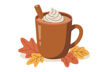 A steaming mug of pumpkin spice latte with whipped cream and a cinnamon stick sits on autumn leaves.