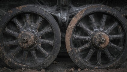 Rusty metal wheels covered in spider webs
