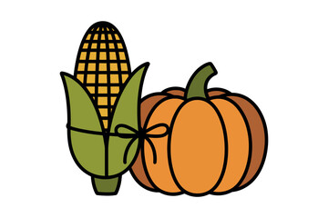 A corn cob is tied to a pumpkin with a ribbon, symbolizing harvest.