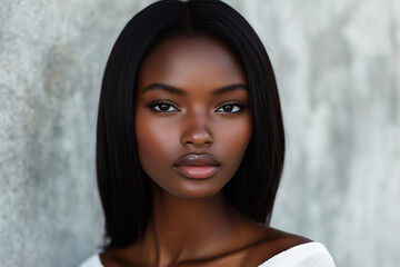 Natural Beauty Portrait Featuring a Female Model with Straight Hair, Barefaced Look, and Simple White Clothing on a Neutral Grey Background.