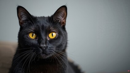 Obraz premium Beautiful Black Cat with Yellow Eyes, observing its surroundings, focus