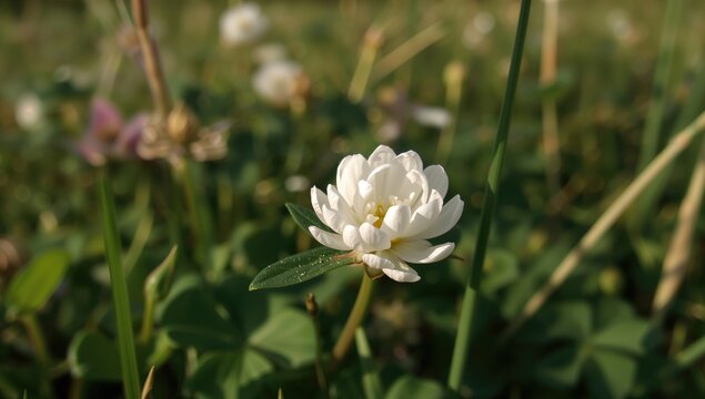 Close-up of a white clover bloom in natural surroundings