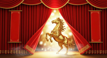 Red screen opens golden horse sculpture